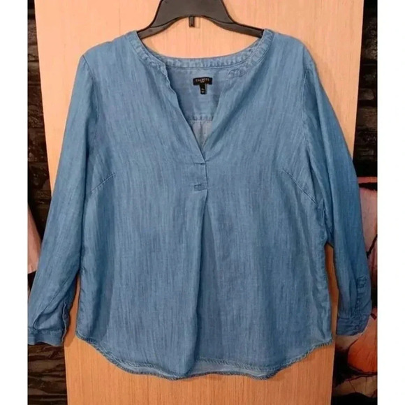 Talbots XLP Blue Tencel Long Sleeve Split Neck Blouse‎ Tunic Style - Picture 1 of 5